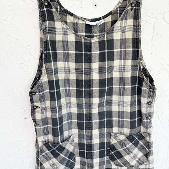 Vintage 90s Black Cream Plaid Pinafore Overall Dress Large Linen Blend - Picture 5 of 9
